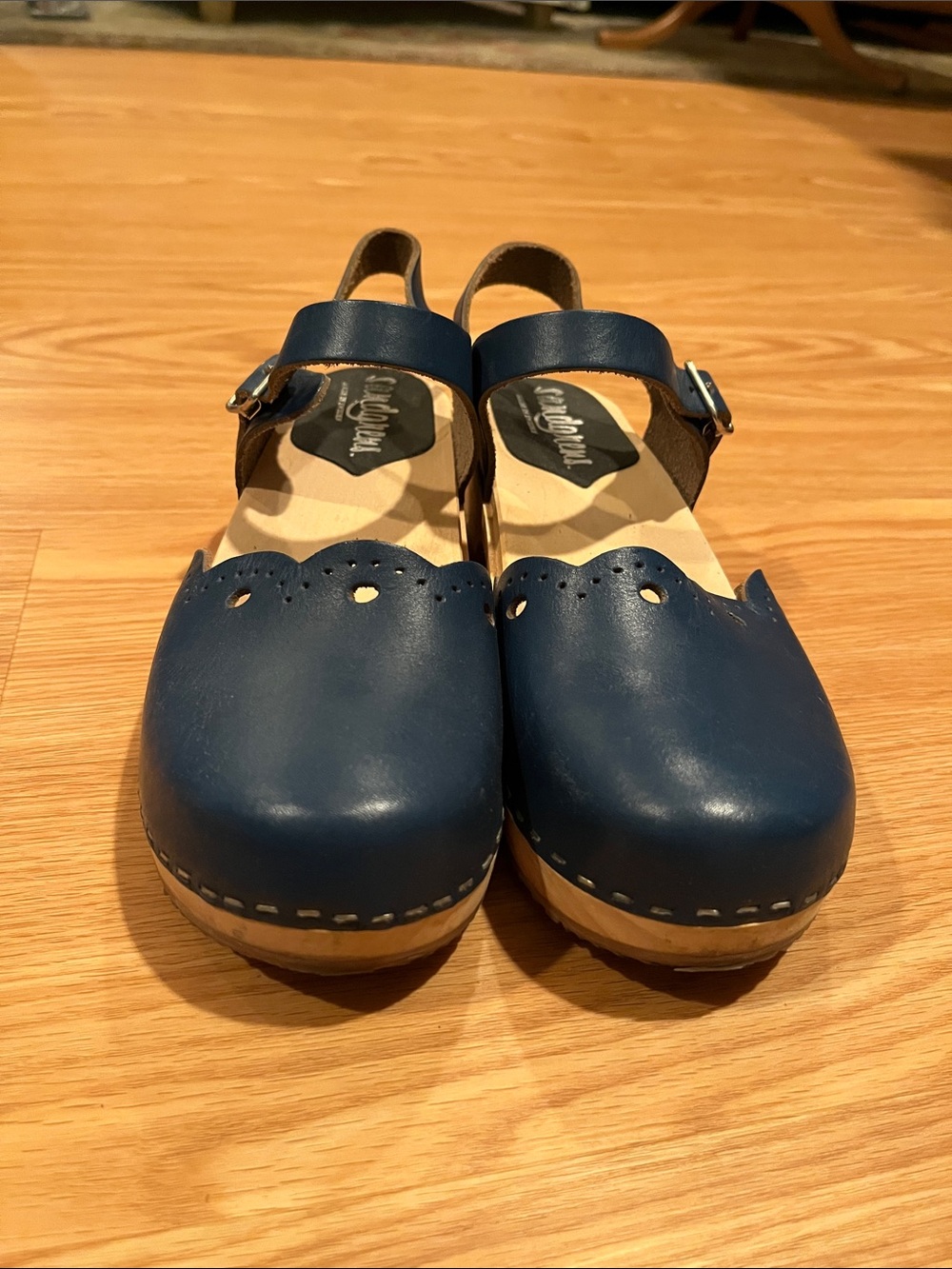 Sandgrens Leather Ankle-Strap Clog Mules in Navy Blue - Picture 3 of 7